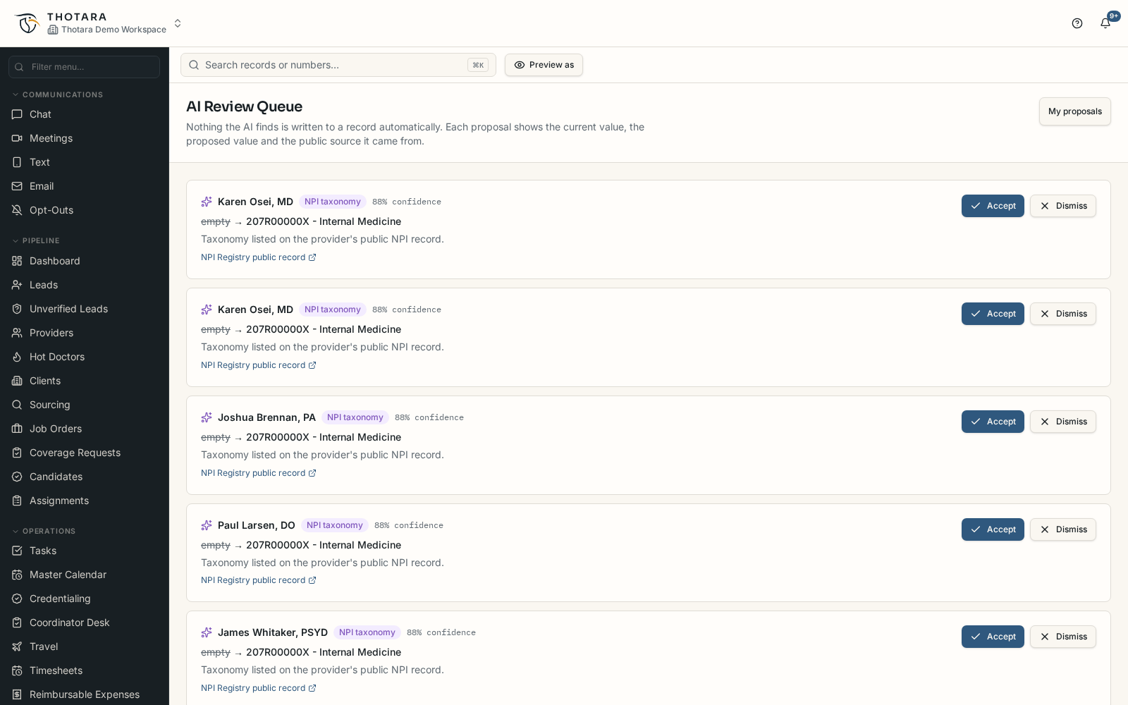 Thotara AI review queue showing proposed provider field values with sources and accept or dismiss actions