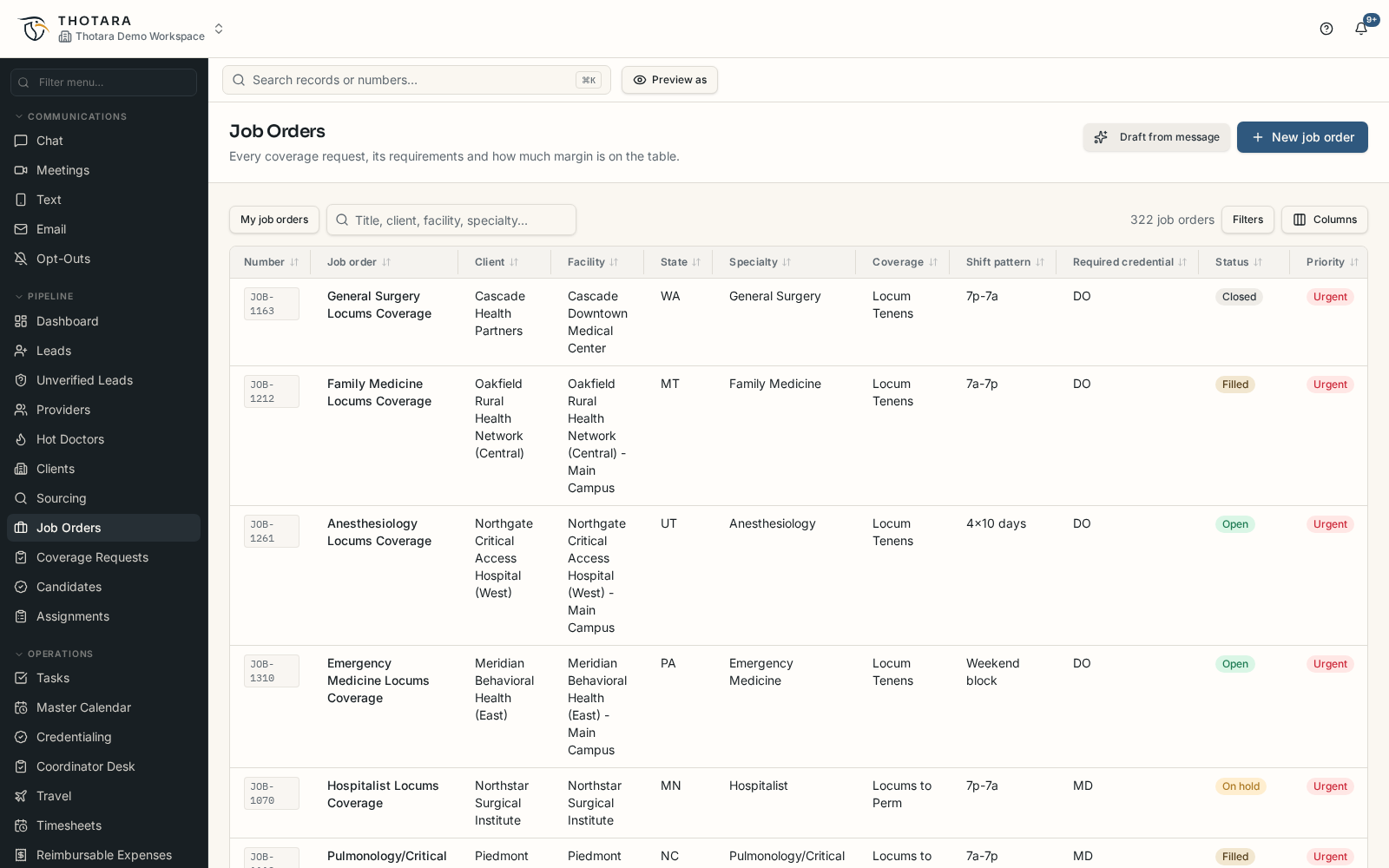 Thotara job orders list with client, facility, specialty, shift pattern, status and priority