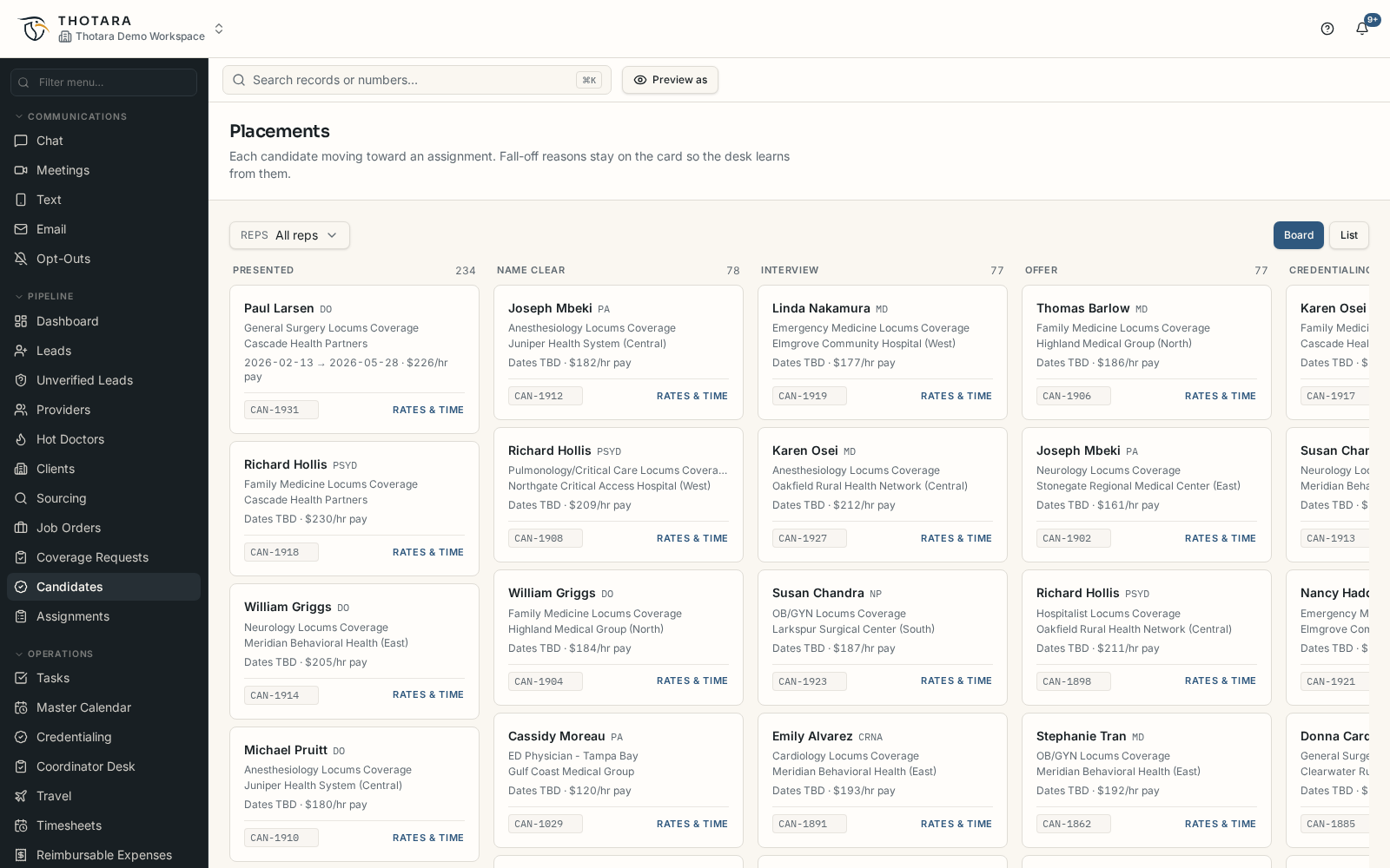 Thotara placement pipeline board showing candidates moving from presented to credentialing