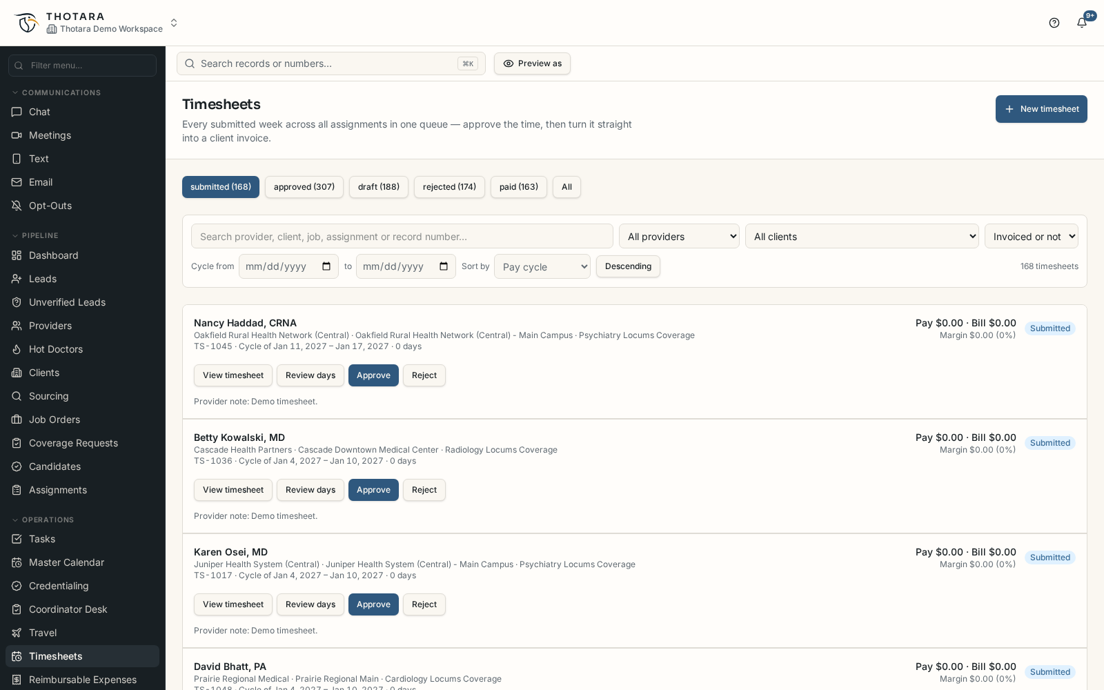 Thotara timesheets queue with submitted weeks, pay, bill and margin per assignment